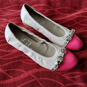 AGL | Cap Toe Ballet Leather Flats with Buckles - Pink & Cream - Womens Size 37